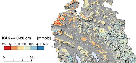 Nährstoffspeichervermögen von Waldböden im Kanton Zürich. Stark versauerte Böden (rot) haben ein geringes Speichervermögen.