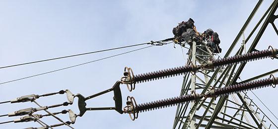 The image shows technicians on an electricity pylon.